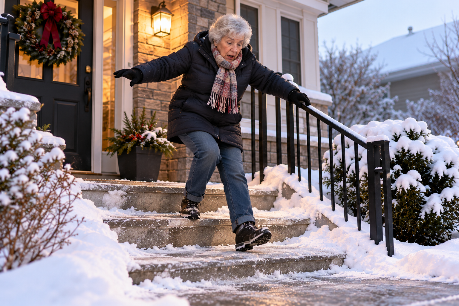 Elderly Woman Slipping on Icy Steps Older woman nearly slipping on icy front steps while reaching for a handrail outside her snow-covered home in winter.